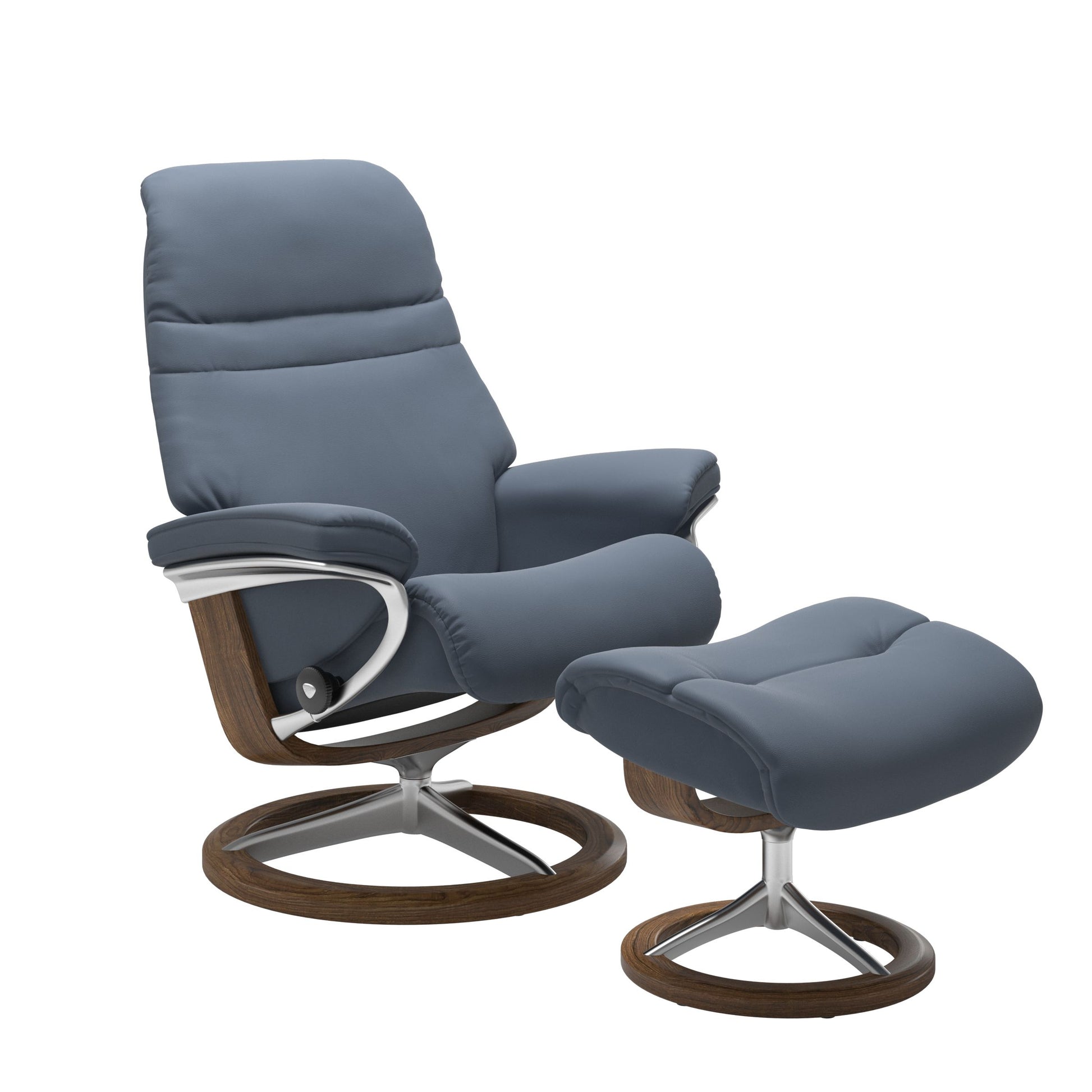 Sparrow Blue colored sunrise recliner with matching ottoman featuring a curved  teak wood and metal base