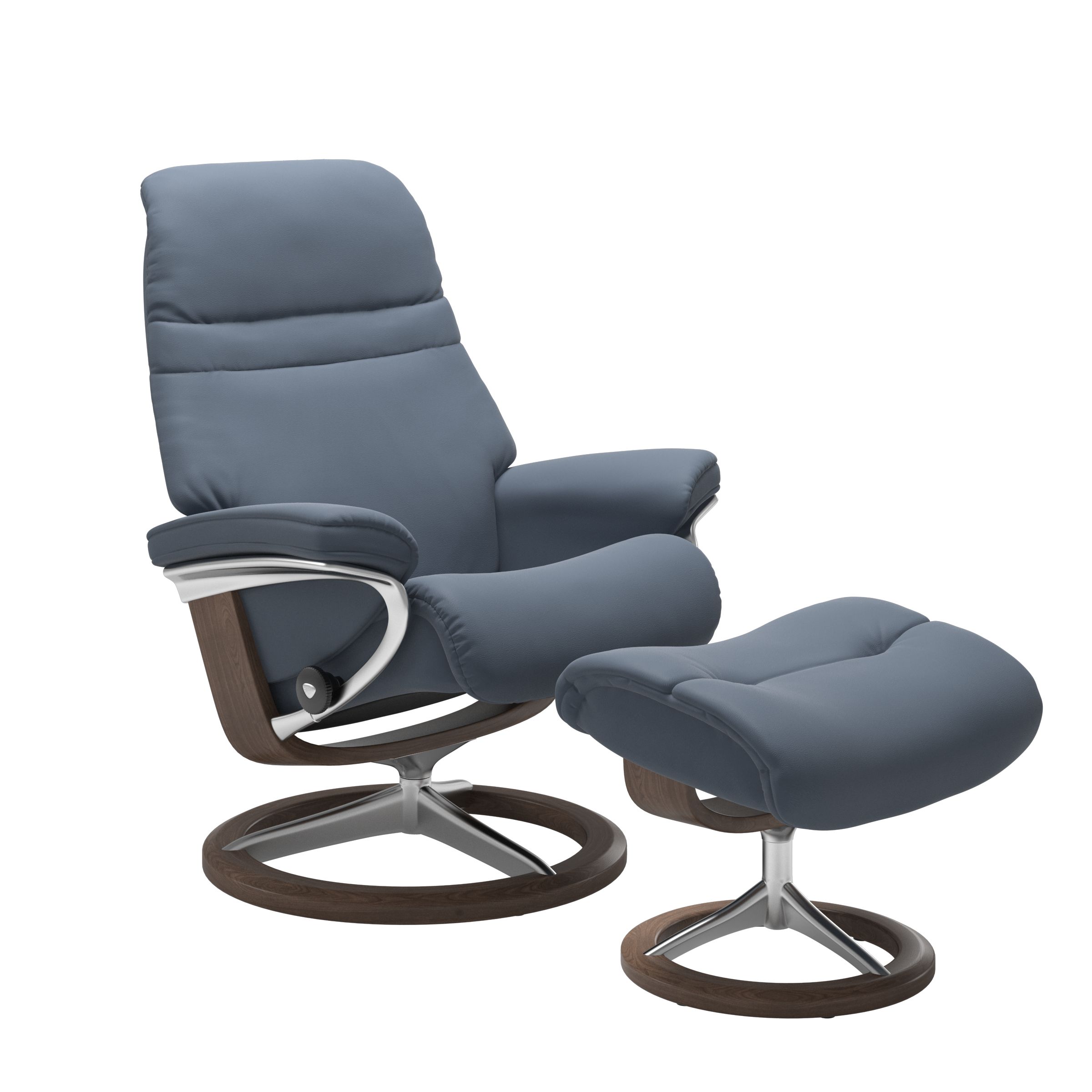 Sparrow Blue colored sunrise recliner with matching ottoman featuring a curved  walnut wood and metal base