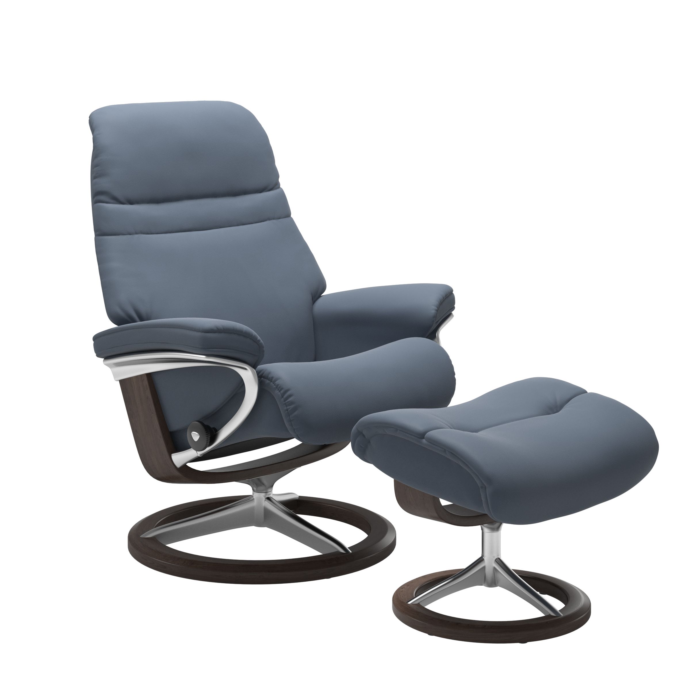 Sparrow Blue colored sunrise recliner with matching ottoman featuring a curved  wenge wood and metal base