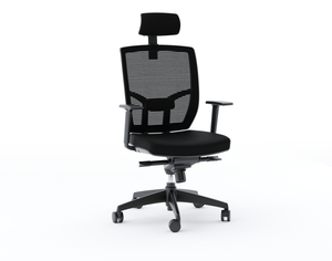 Black ergonomic office chair with mesh back and includes headrest.