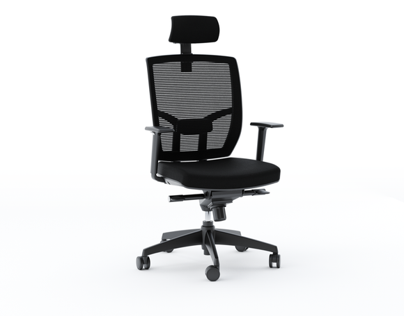 Black ergonomic office chair with mesh back and includes headrest.