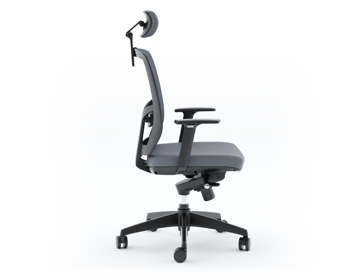 Side view of grey ergonomic office chair with mesh back and includes headrest.