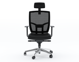 Black ergonomic office chair with mesh back and headrest. 