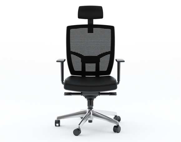 Black ergonomic office chair with mesh back and headrest. 