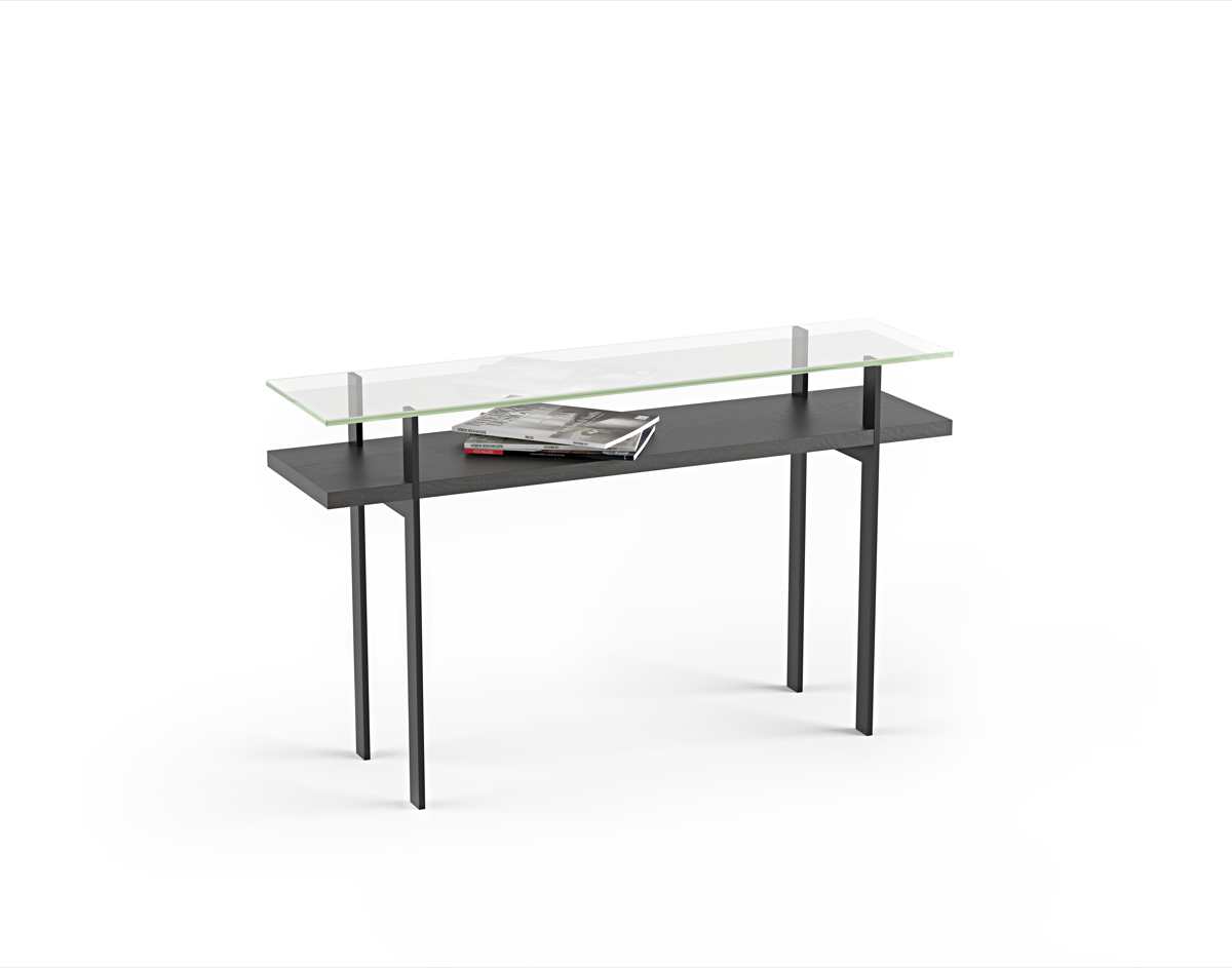 Terrace console table with glass top and charcoal stained ash wood shelf and black metal legs 