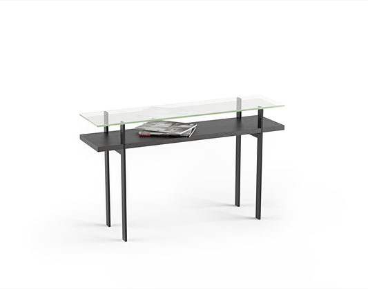 Terrace console table with glass top and charcoal stained ash wood shelf and black metal legs 