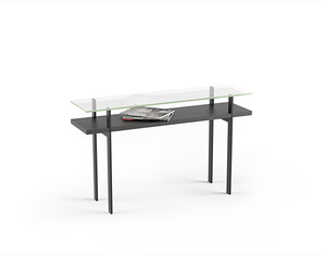 Terrace console table with glass top and charcoal stained ash wood shelf and black metal legs 
