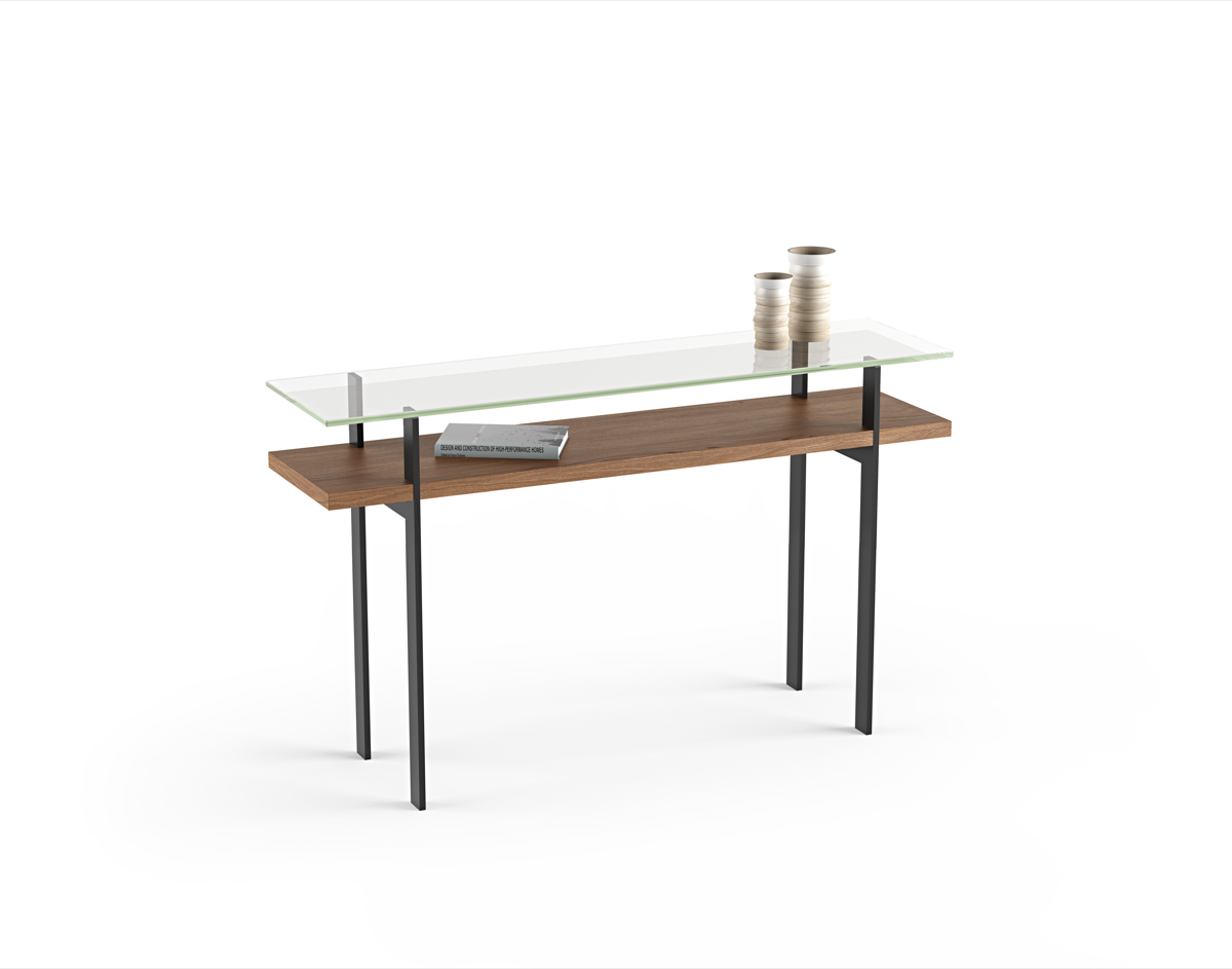 Terrace console table with glass top and natural walnut wood shelf and black metal legs 