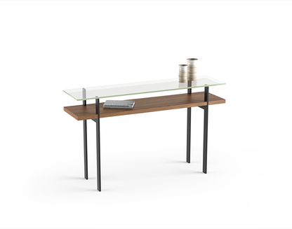 Terrace console table with glass top and natural walnut wood shelf and black metal legs 