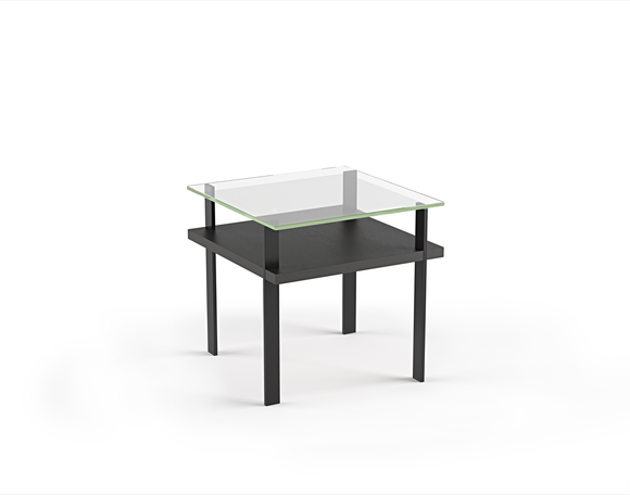 Modern glass top side table with charcoal stained ash wood shelf and black metal legs 