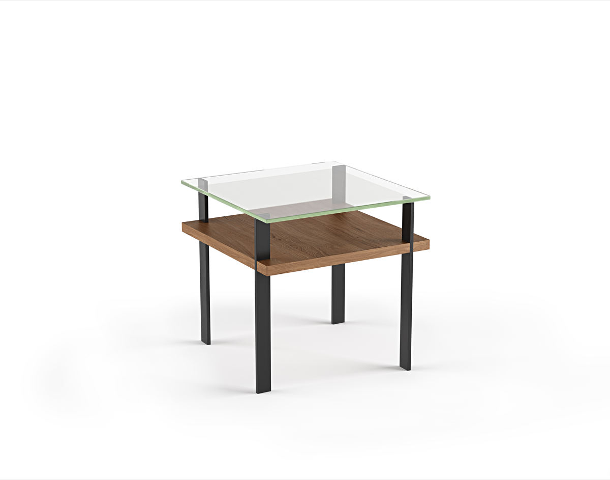 Modern glass top side table with natural walnut wood shelf and black metal legs