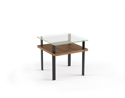 Modern glass top side table with natural walnut wood shelf and black metal legs