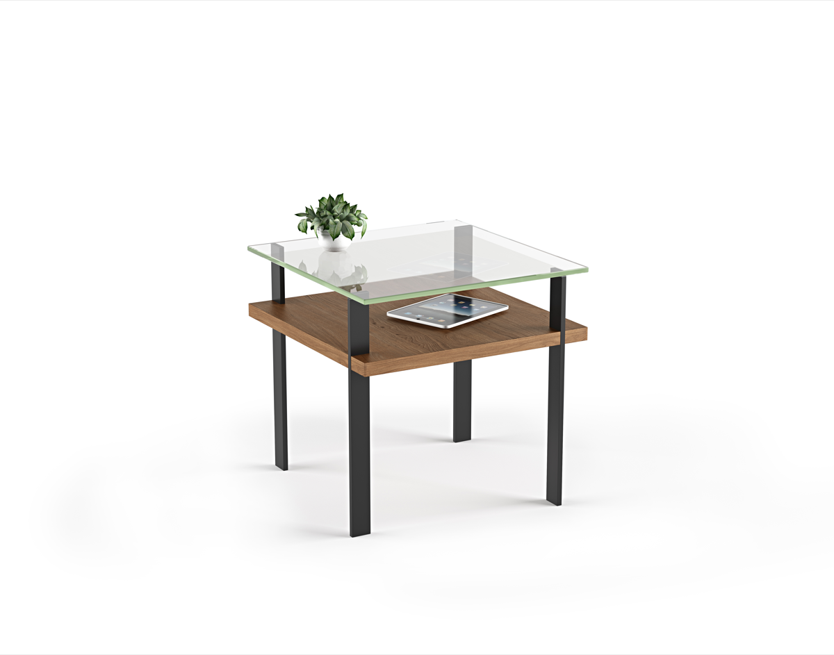 Modern glass top side table with natural walnut wood shelf and black metal legs