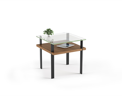 Modern glass top side table with natural walnut wood shelf and black metal legs