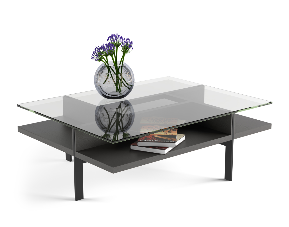Modern glass top rectangle coffee table with charcoal stained ash wooden shelf and black metal legs. 
