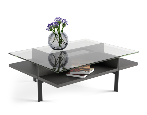 Modern glass top rectangle coffee table with charcoal stained ash wooden shelf and black metal legs. 