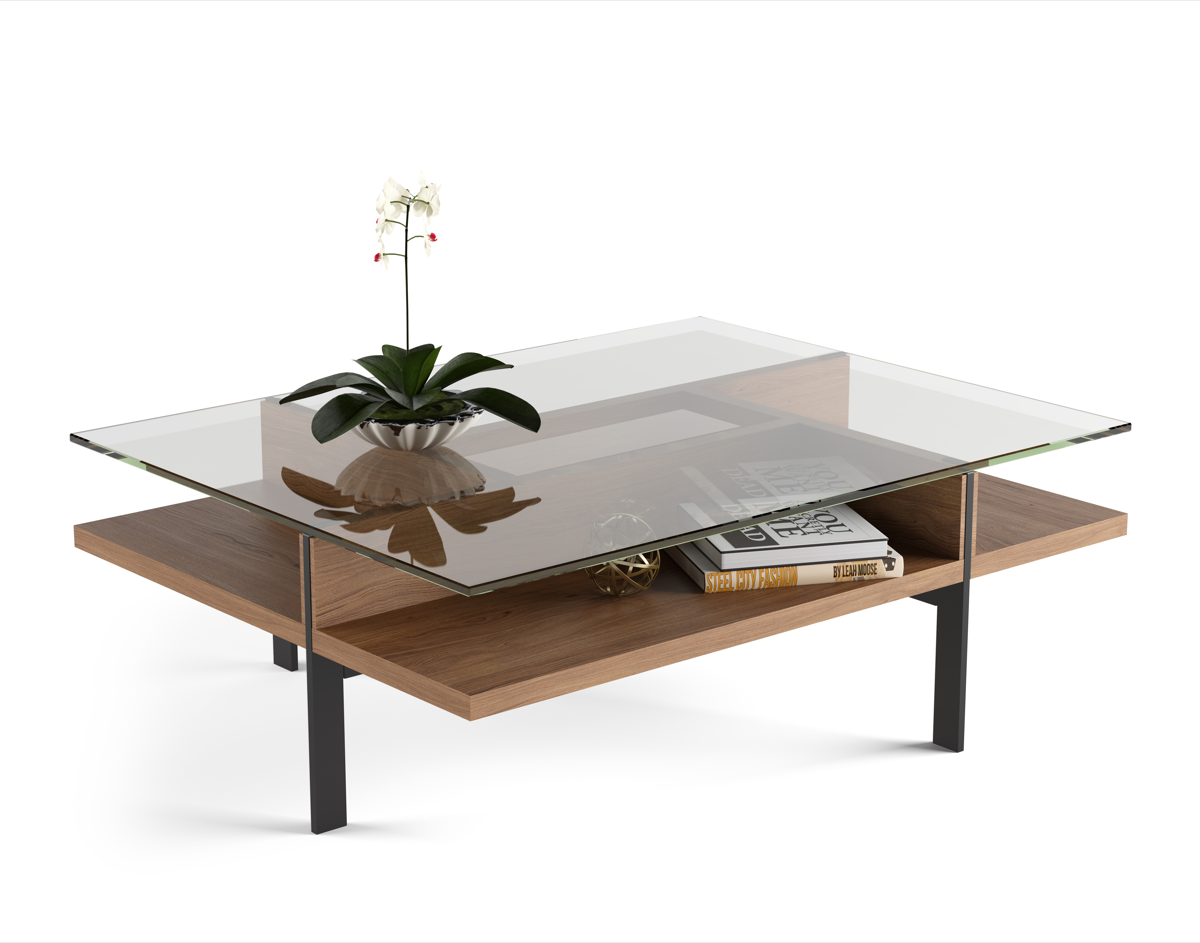 Modern glass top rectangle coffee table with natural walnut wooden shelf and black metal legs. 
