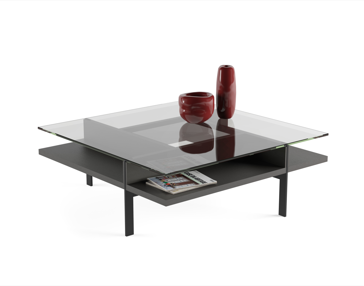 Modern glass top coffee table with charcoal stained ash wood shelf and black metal legs 