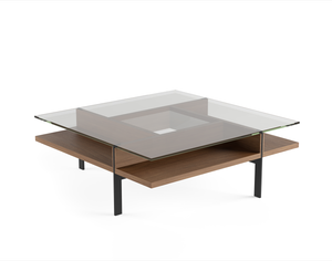 Modern glass top coffee table with natural walnut wood shelf and black metal legs 