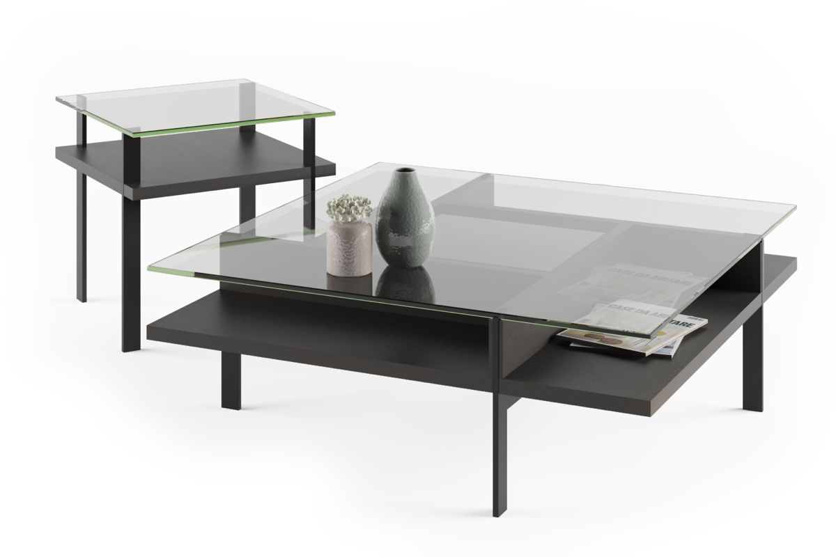 Terrace Coffee Table in from Terrace End Table both in charcoal ash stain wood and glass top.
