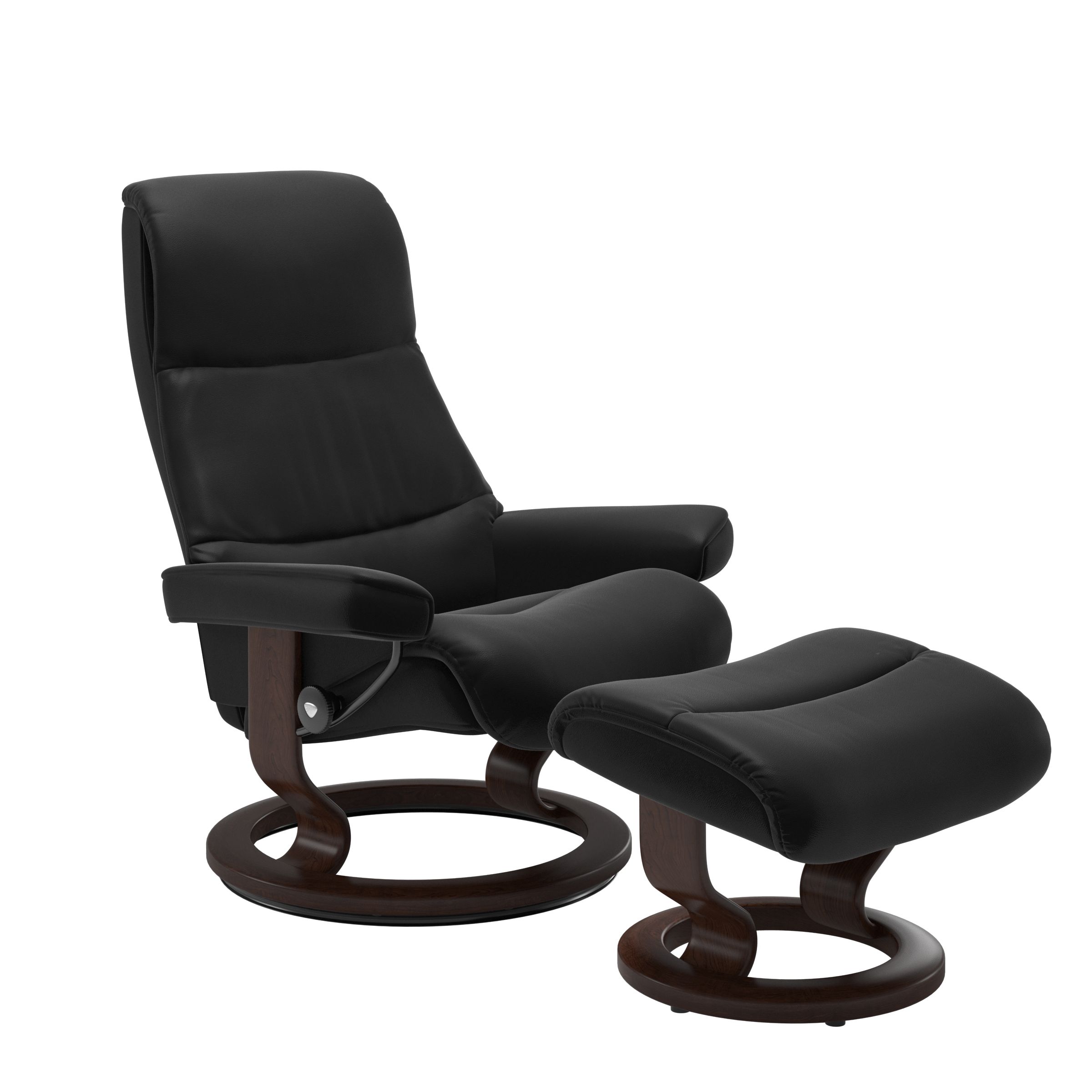 Recliner with matching ottoman in black with classic round wooden base in brown with padded armrest. 