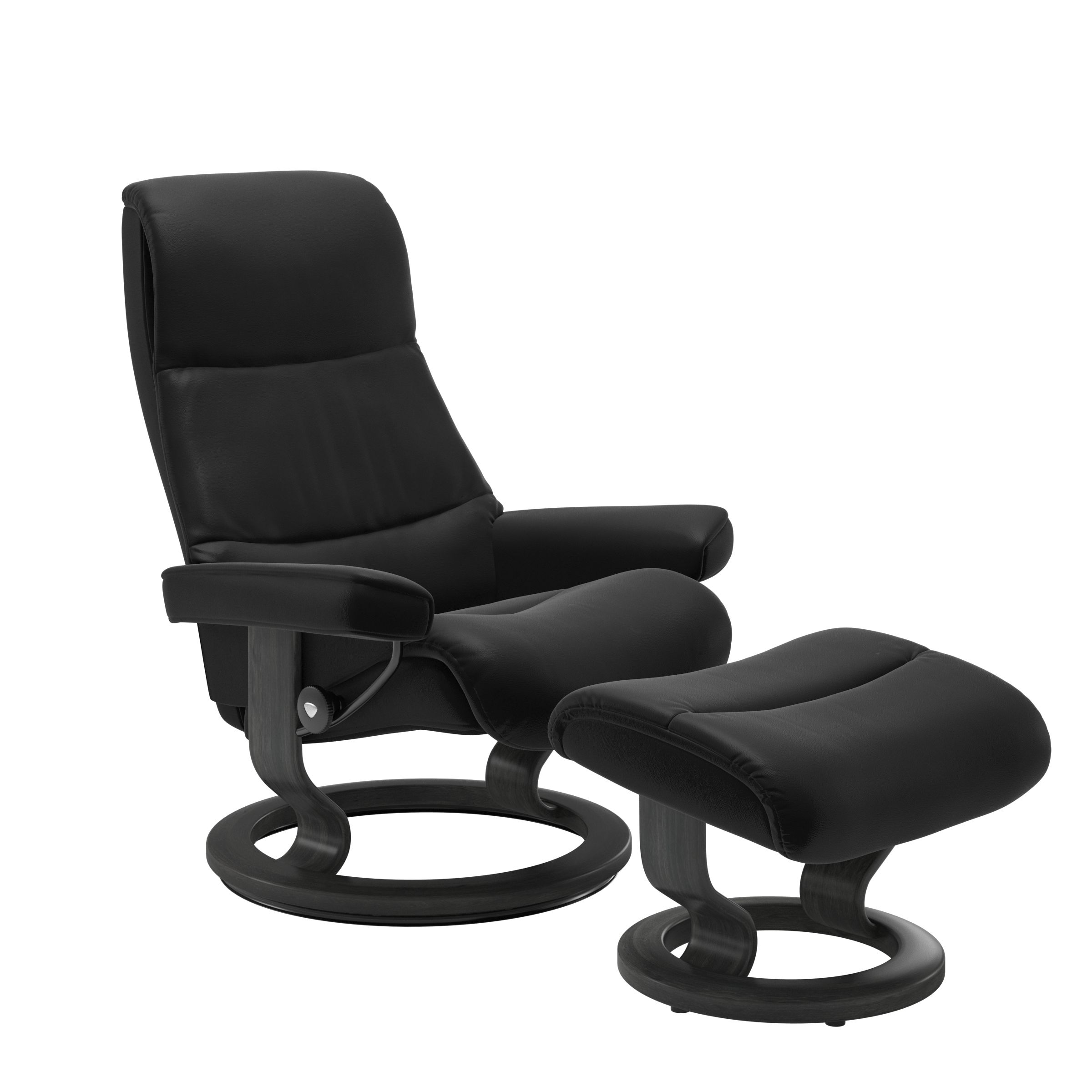 Recliner with matching ottoman in black with classic round wooden base in grey with padded armrest. 