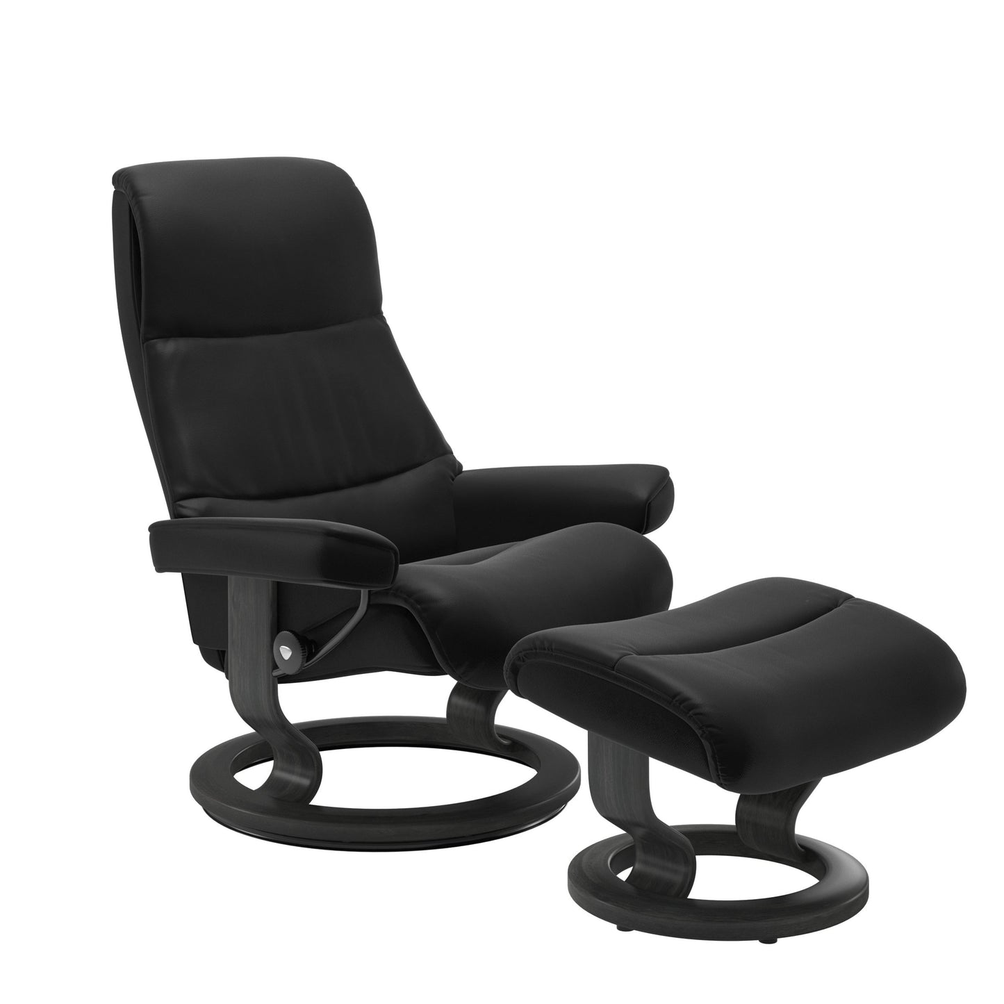 Recliner with matching ottoman in black with classic round wooden base in grey with padded armrest. 
