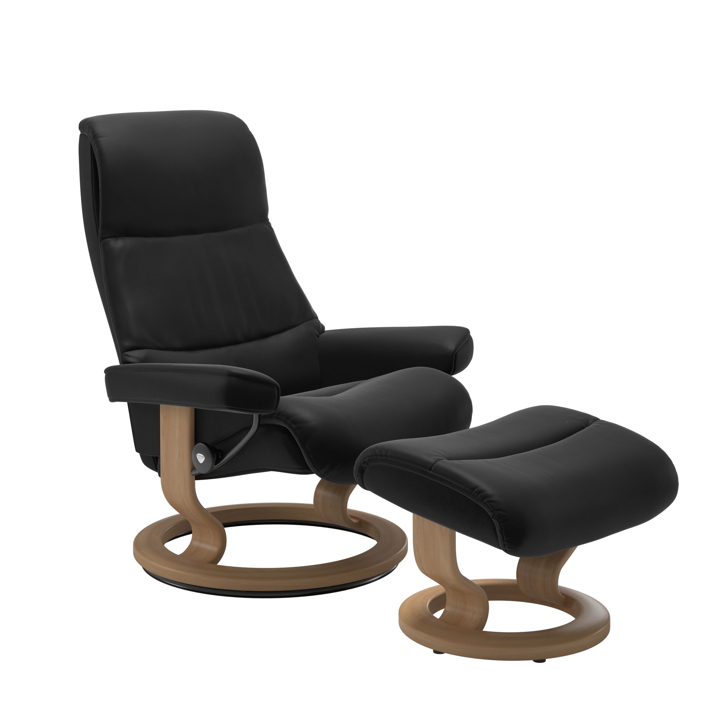 Recliner with matching ottoman in black with classic round wooden base in oak with padded armrest. 