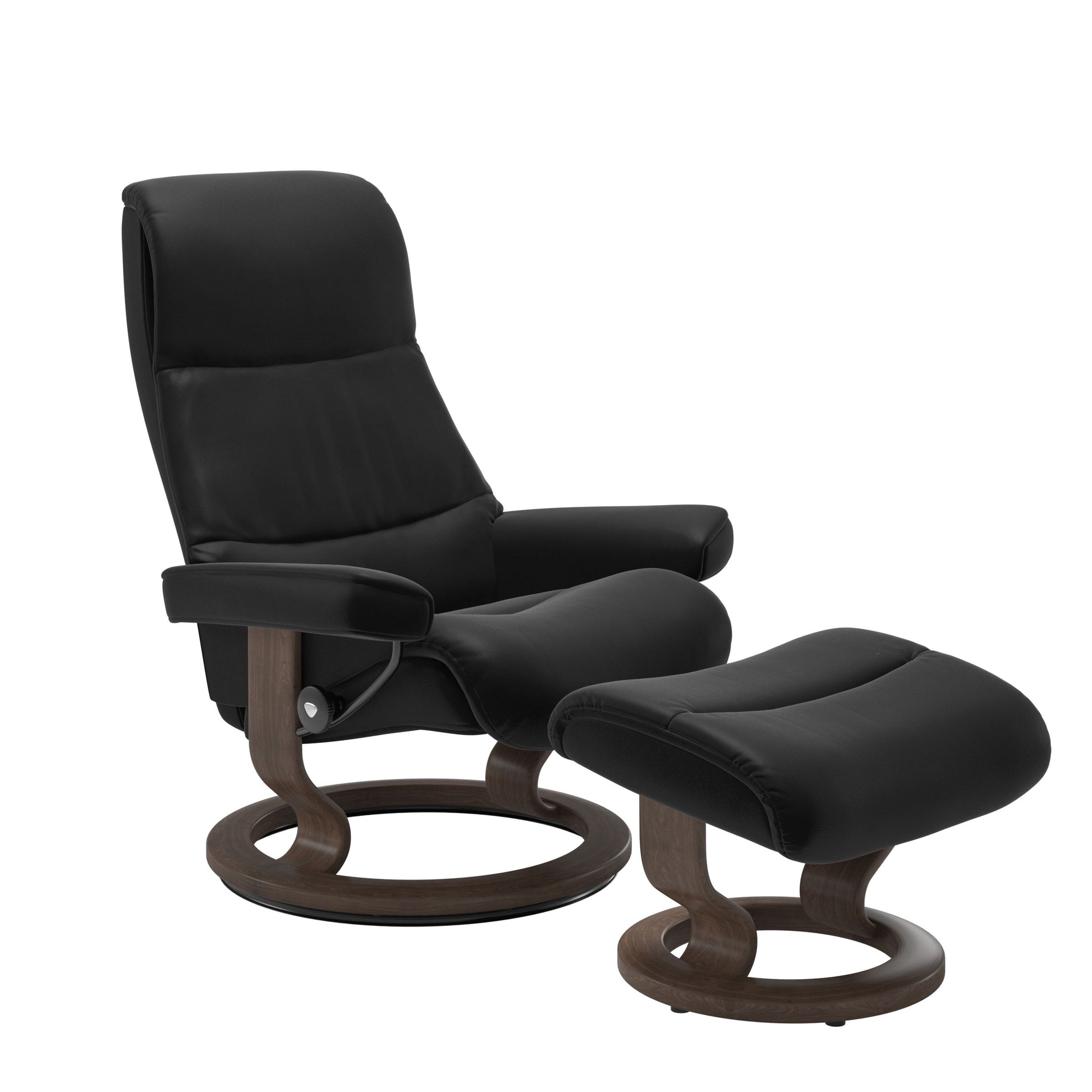 Recliner with matching ottoman in black with classic round wooden base in walnut with padded armrest. 