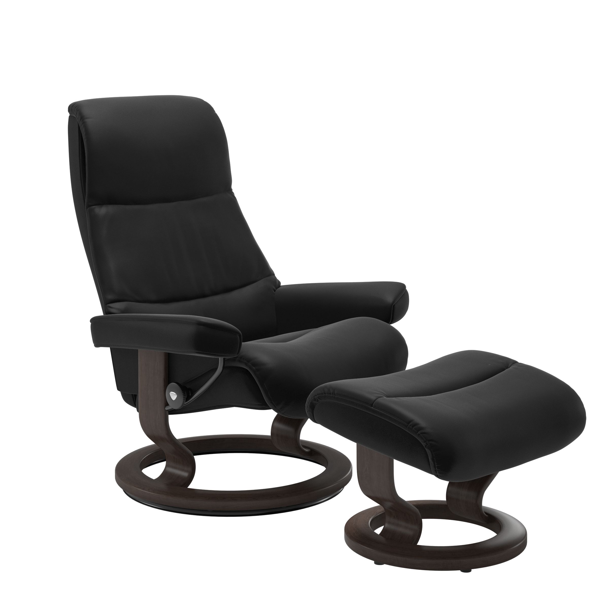 Recliner with matching ottoman in black with classic round wooden base in wenge with padded armrest. 