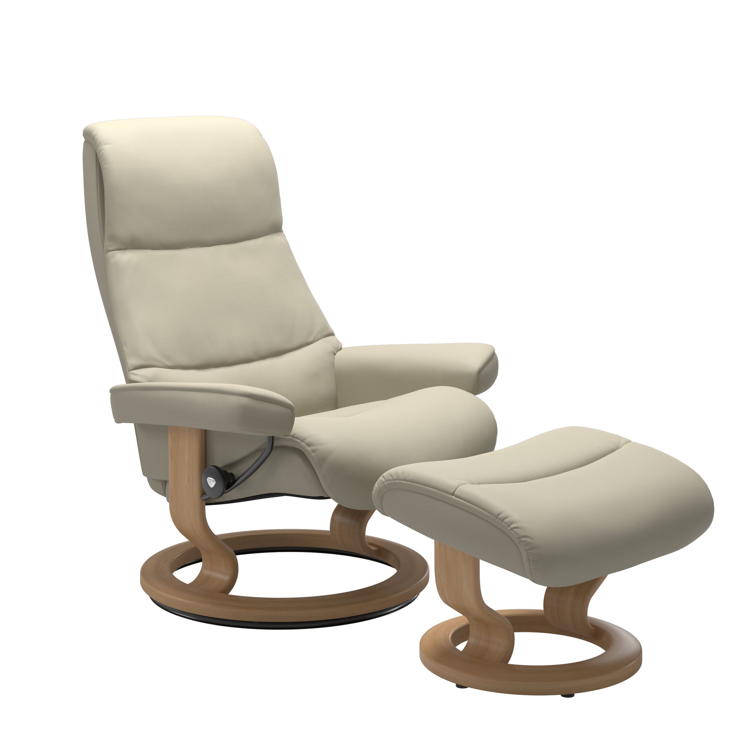 Recliner with matching ottoman in light grey with classic round wooden base in oak with padded armrest. 