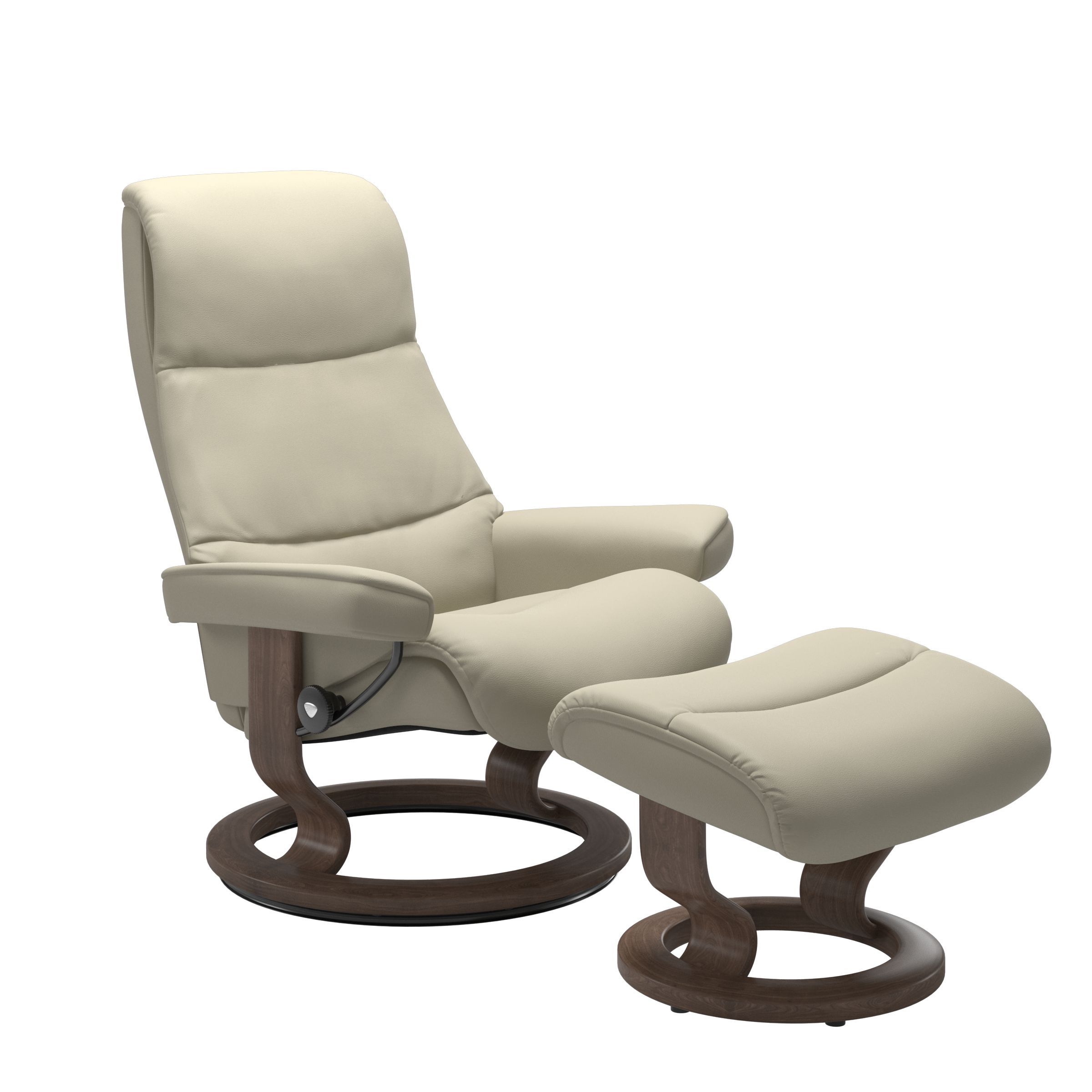 Recliner with matching ottoman in light grey with classic round wooden base in walnut with padded armrest. 