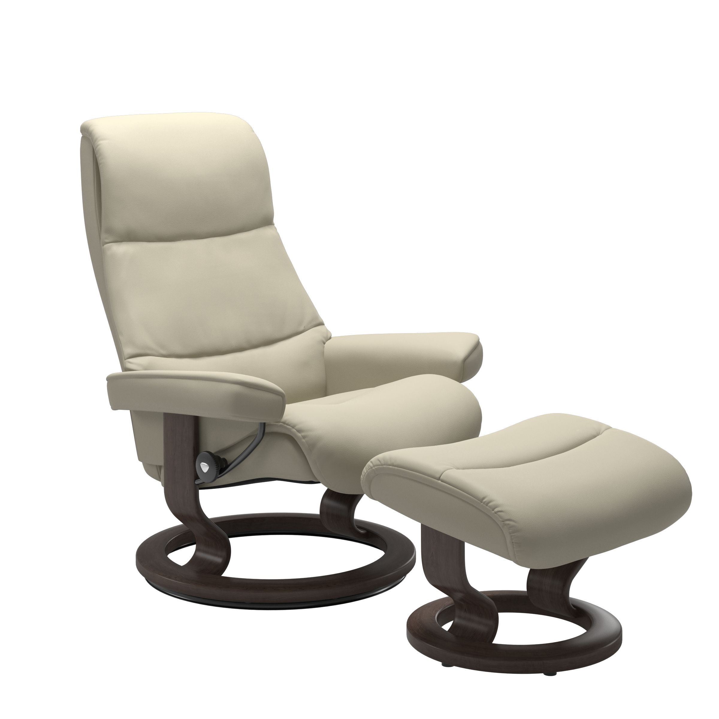 Recliner with matching ottoman in light grey with classic round wooden base in wenge with padded armrest. 