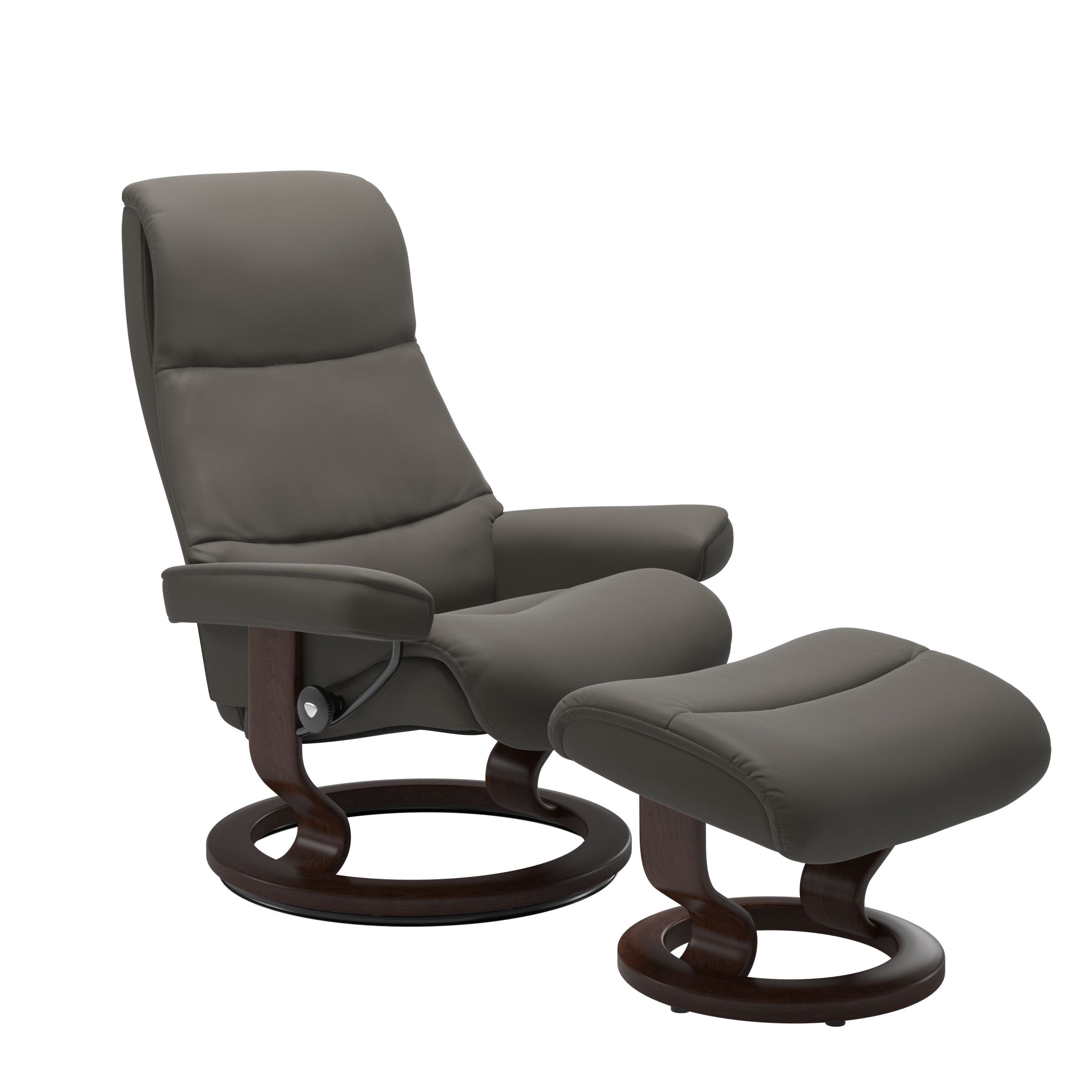 Recliner with matching ottoman in metal grey with classic round wooden base in brown with padded armrest. 