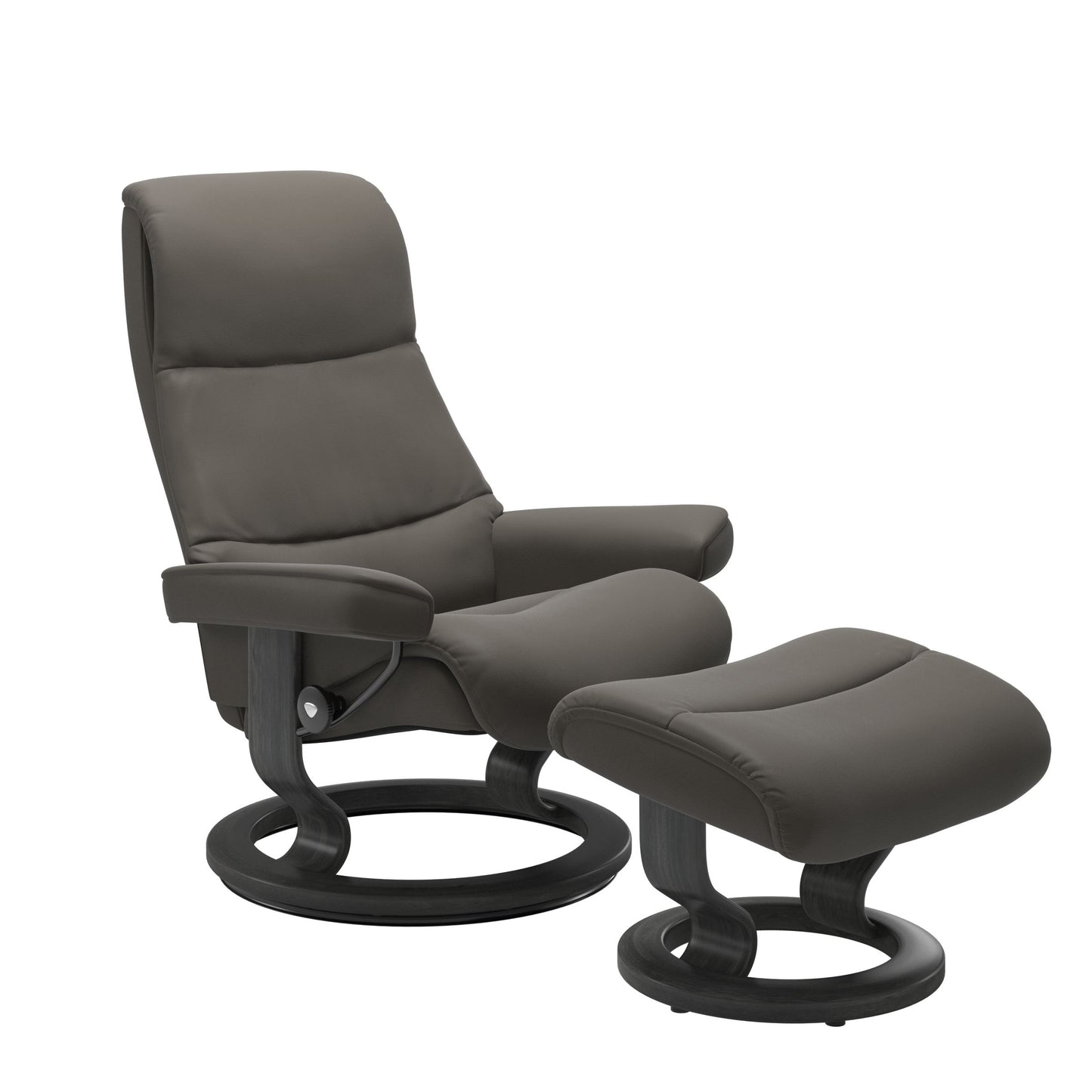 Recliner with matching ottoman in metal gray with classic round wooden base in grey with padded armrest. 