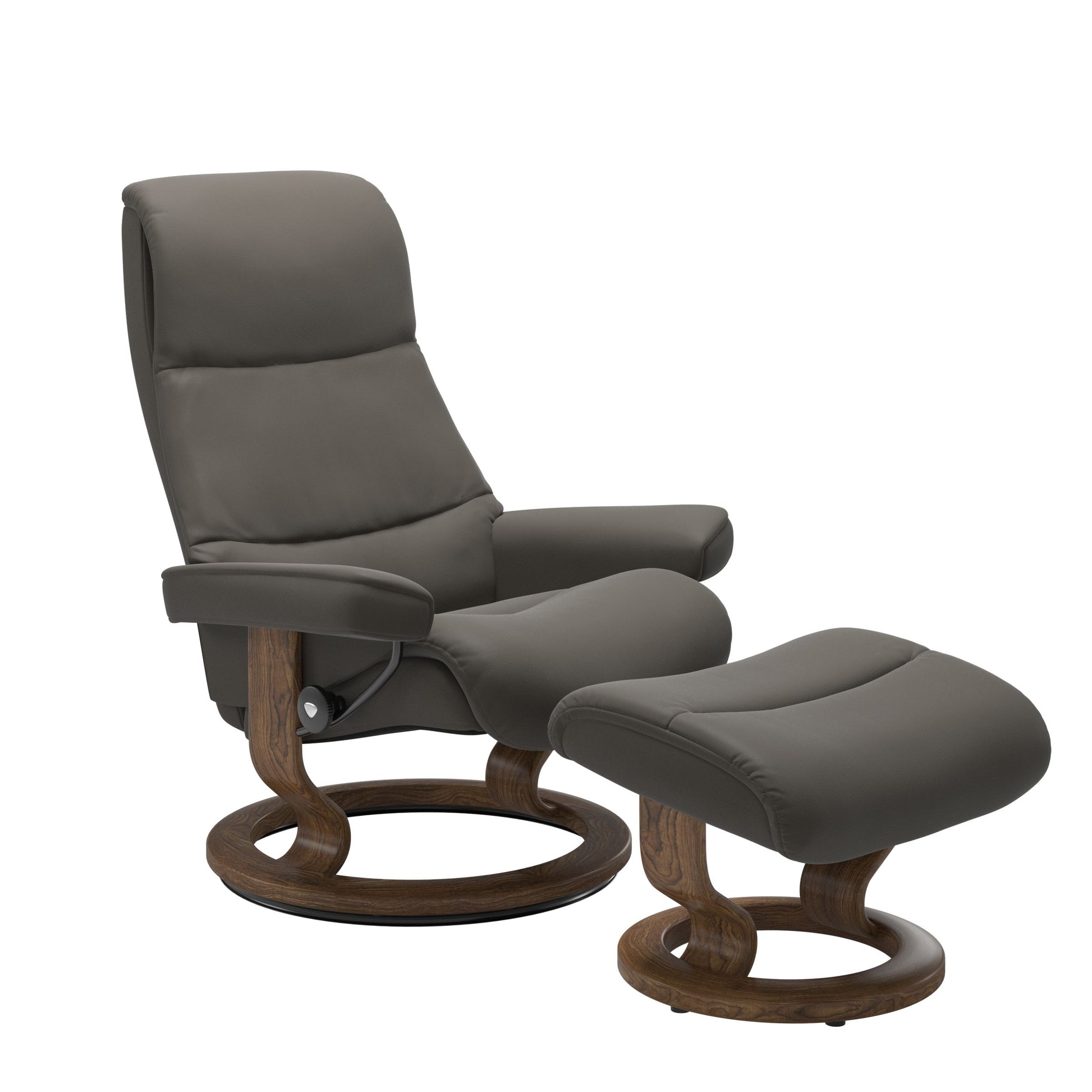 Recliner with matching ottoman in metal gray with classic round wooden base in teak with padded armrest. 